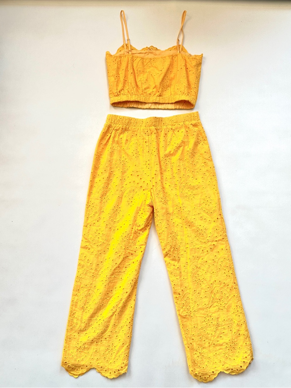 LALAVON YELLOW EMBROIDERED EYELET 100% COTTON PREPPY CROP TOP AND PANT SET SzM - Picture 4 of 14